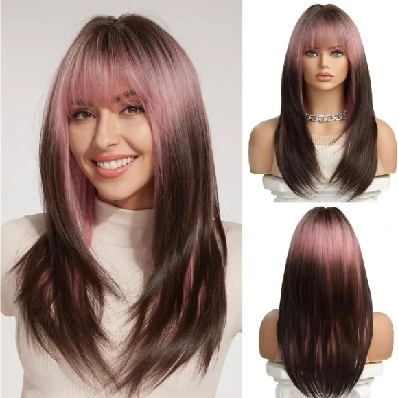Human hair blend pink ombré wig Ombre Pink Straight Lace Front Wigs Preplucked with Natural  main image 3